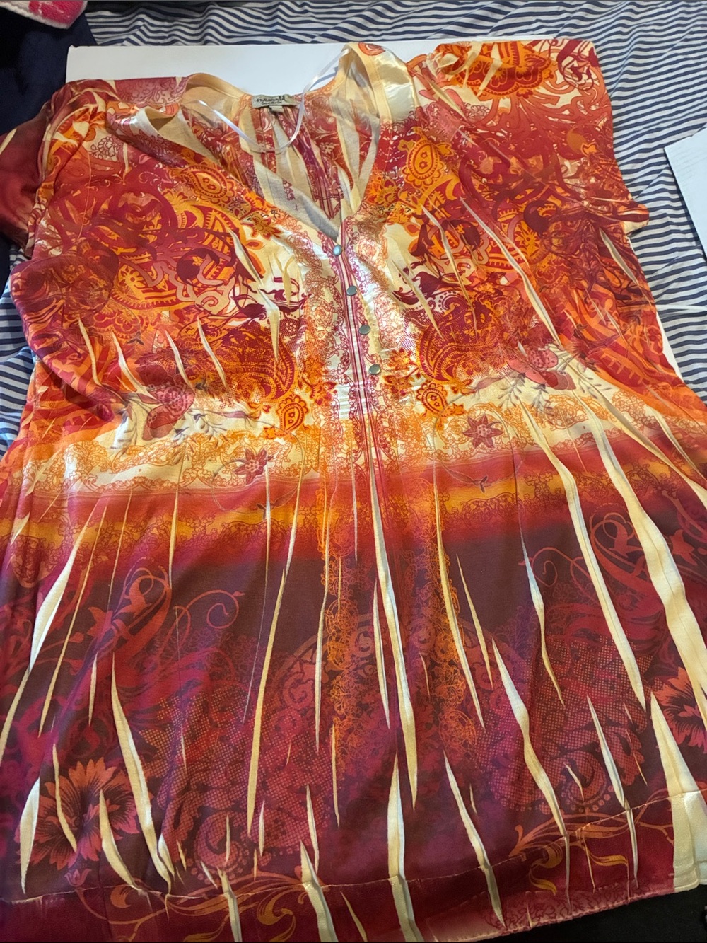 ONE WORLD Red-Orange Printed V-Neck Blouse